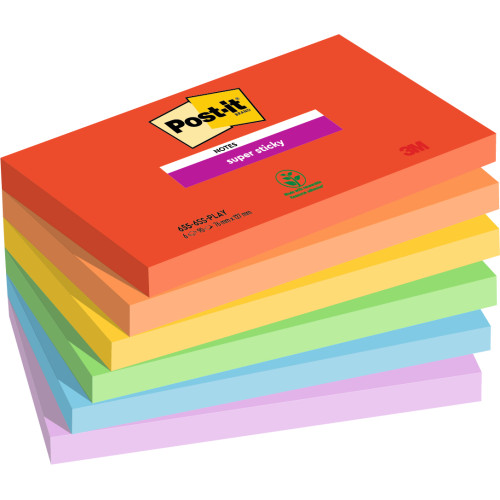 Bloc de notas adhesivas 3m post-it super sticky 655 76x127 mm. colores surtidos playful, pack de 6 blocs.