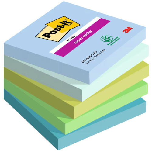 Bloc de notas adhesivas 3m post-it super sticky 654, 76x76 mm. colores surtidos oasis, pack de 5 blocs