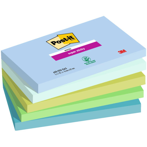 Bloc de notas adhesivas 3m post-it super sticky 655, 76x127 mm. oasis, pack de 5 blocs