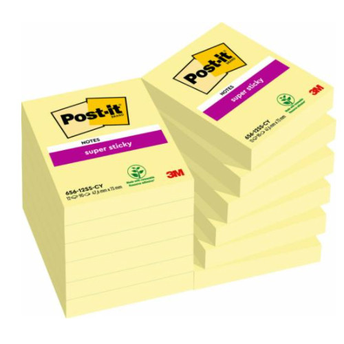 Bloc de notas adhesivas 3m post-it super sticky 656, 51x76 mm. canary yellow, pack de 12 blocs