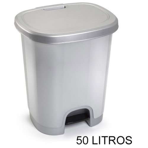 Contenedor de plástico con tapadera y pedal plasticforte de 410x360x635 mm. 50 litros, plata