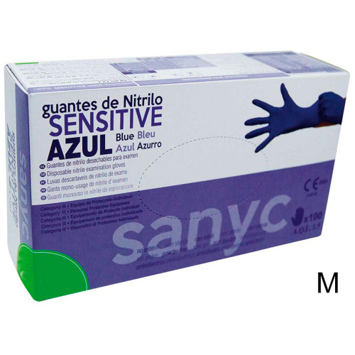 Guante desechable sanyc sensitive, 100% nitrilo, sin polvo, talla m, azul, caja de 100 uds.