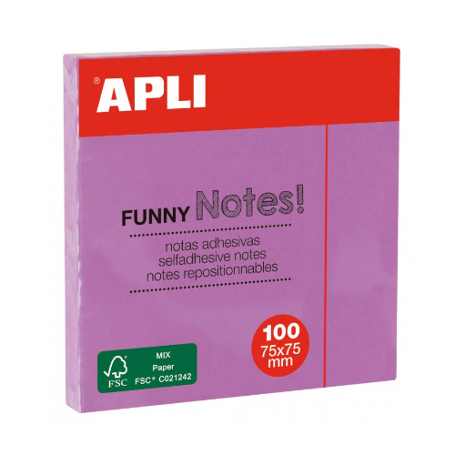 Bloc de notas adhesivas apli gama funny, 75x75 mm. lila pastel