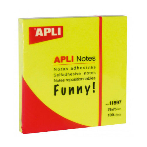 Bloc de notas adhesivas apli gama funny amarillo brillante de 75x75 mm.