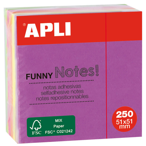 Mini cubo de 250 notas adhesivas apli gama funny, 51x51 mm. colores surtidos brillantes