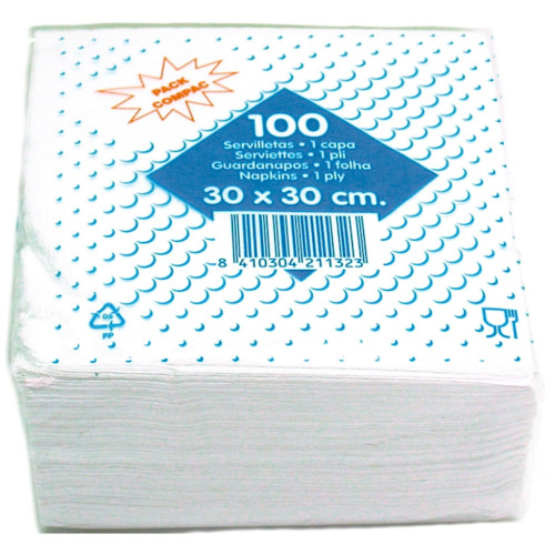 Servilletas de papel, 100% celulosa virgen, 1 capa, 30x30 cm. paquete de 100 uds.