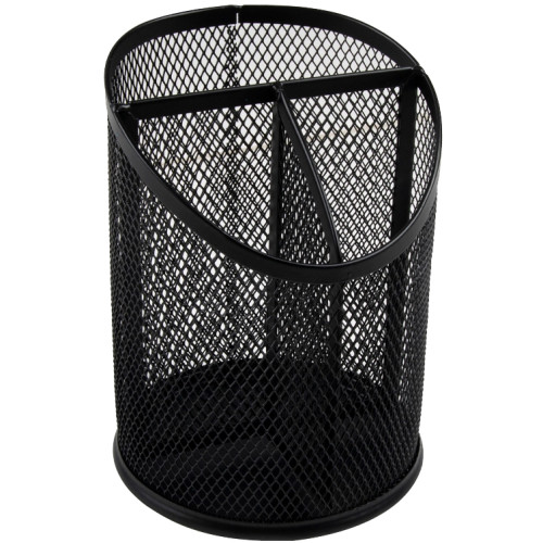 Portalápices metálico de rejilla con 3 compartimentos q-connect, Ø 110x147 mm. negro
