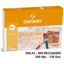 Papel de dibujo canson basik, din a3, sin recuadro, 130 grs/m². paquete de 250 hojas