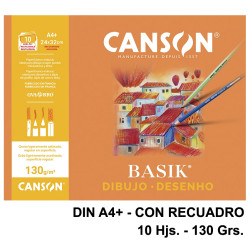 Papel de dibujo canson basik, din a4+, con recuadro, 130 grs/m². minipack de 10 hj.