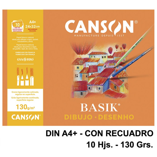 Papel de dibujo canson basik, din a4+, con recuadro, 130 grs/m². minipack de 10 hj.