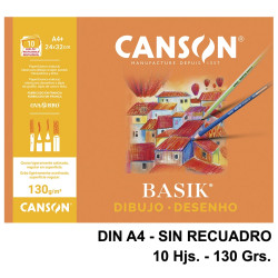 Papel de dibujo canson basik, din a4, sin recuadro, 130 grs/m². minipack de 10 hj.