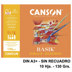 Papel de dibujo canson basik, din a3+, sin recuadro, 130 grs/m². minipack de 10 hj.