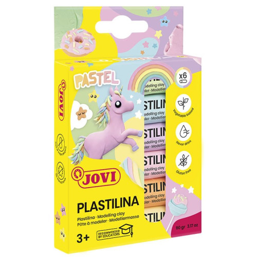 Plastilina jovi, barra de 15 grs. Colores surtidos pastel, caja de 6 uds.