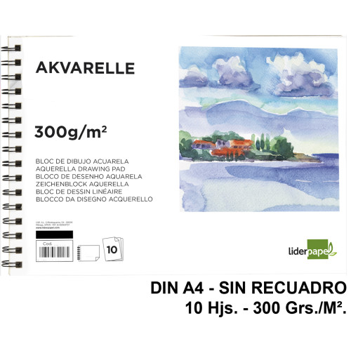 Bloc espiral de dibujo para acuarela liderpapel akuarelle, din a4, sin recuadro, 300 grs/m². 10 hj.