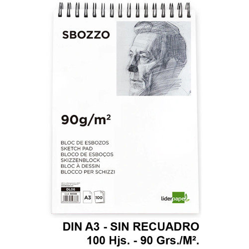 Bloc espiral de dibujo liderpapel esbozo, din a3, sin recuadro, 90 grs/m². 100 hj.