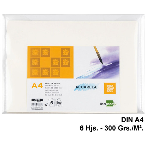 Papel para acuarela liderpapel, din a4, 300 grs/m². Minipack de 6 hj.