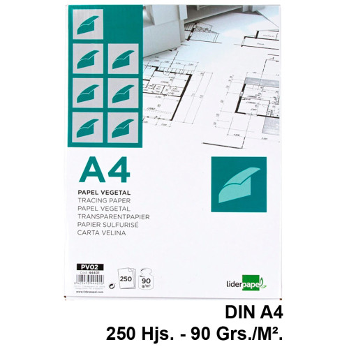 Papel vegetal liderpapel, din a4, 90 grs/m². paquete de 250 hojas