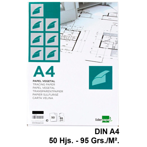 Bloc encolado de papel vegetal liderpapel, din a4, 95 grs/m². paquete de 50 hojas