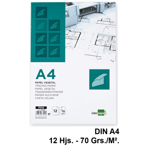 Papel vegetal liderpapel, din a4, 70 grs/m². sobre de 12 hojas