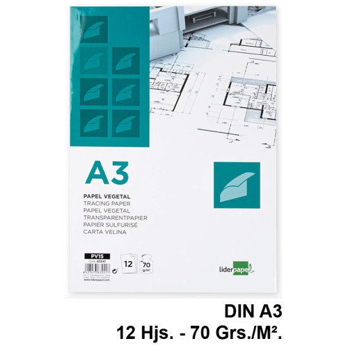 Papel vegetal liderpapel, din a3, 70 grs/m². sobre de 12 hojas