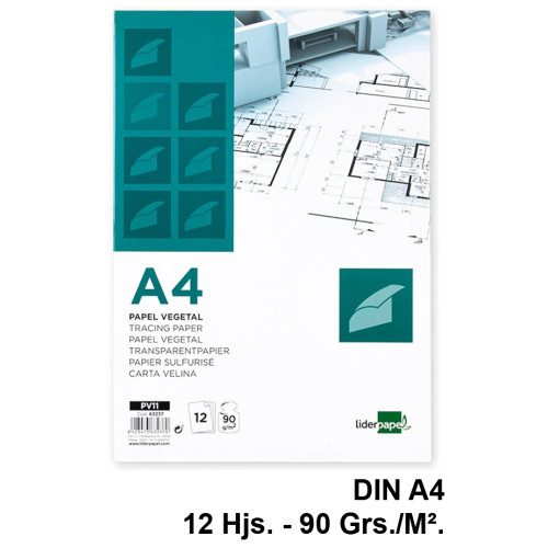 Papel vegetal liderpapel, din a4, 90 grs/m². sobre de 12 hojas