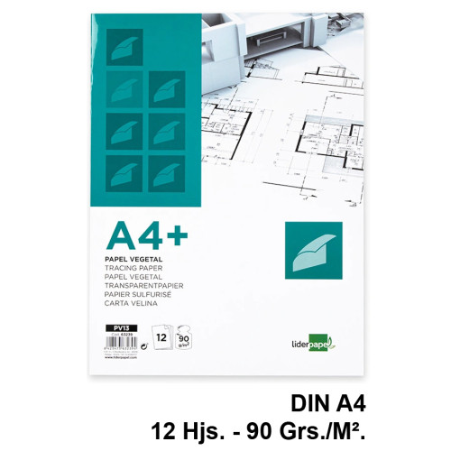 Papel vegetal liderpapel, din a4+, 90 grs/m². sobre de 12 hojas