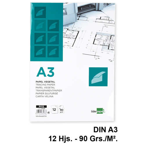 Papel vegetal liderpapel, din a3, 90 grs/m². sobre de 12 hojas