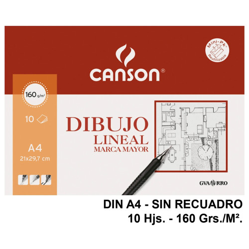 Papel de dibujo canson lineal marca mayor, din a4, sin recuadro, 160 grs/m². minipack de 10 hj.