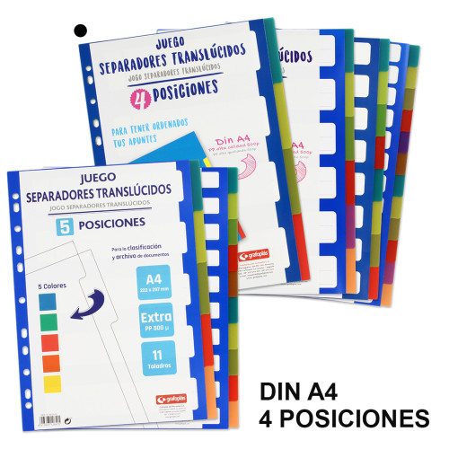 Separador 4 posiciones en polipropileno extra con multitaladro grafoplas din a4, colores surtidos traslúcidos