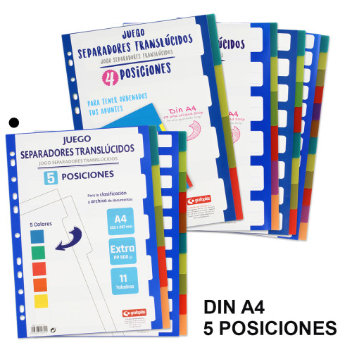 Separador 5 posiciones en polipropileno extra con multitaladro grafoplas din a4, colores surtidos traslúcidos