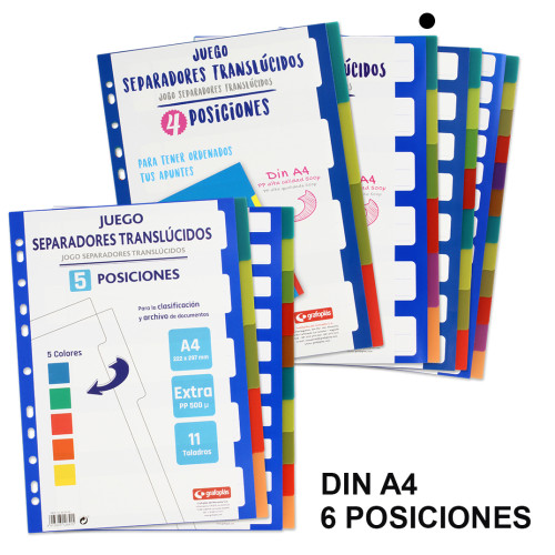 Separador 6 posiciones en polipropileno extra con multitaladro grafoplas din a4, colores surtidos traslúcidos