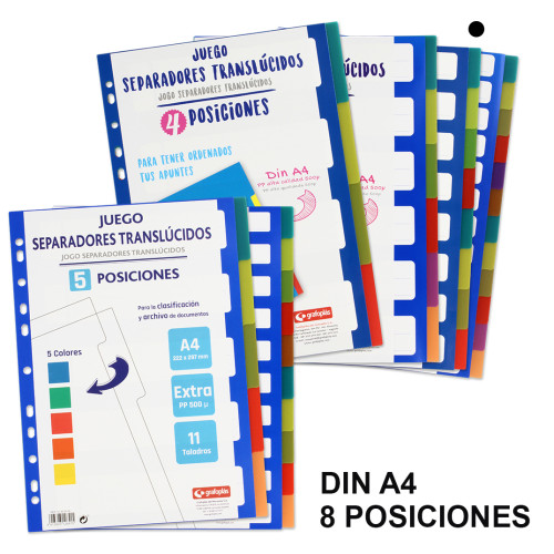 Separador 8 posiciones en polipropileno extra con multitaladro grafoplas din a4, colores surtidos traslúcidos