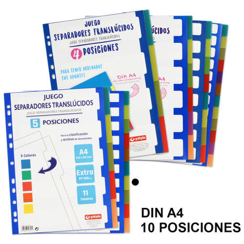 Separador 10 posiciones en polipropileno extra con multitaladro grafoplas din a4, colores surtidos traslúcidos