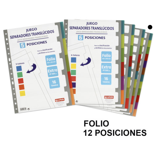 Separador 12 posiciones en polipropileno extra con multitaladro grafoplas folio, colores surtidos traslúcidos