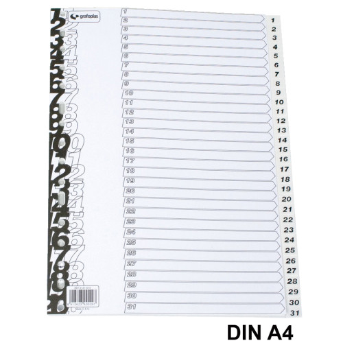 Separador numérico 1-31 en polipropileno con multitaladro grafoplas din a4, gris