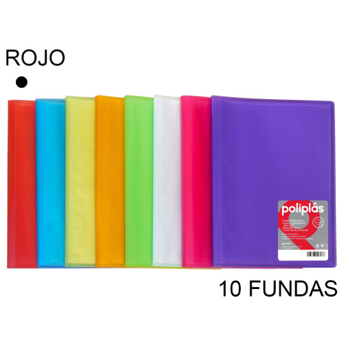 Carpeta con 10 fundas grafoplas poliplás traslúcido din a4, rojo