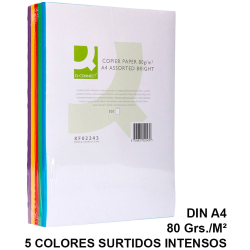Papel q-connect color, din a4, 80 grs/m². 5 colores surtidos intensos, paquete de 500 hojas