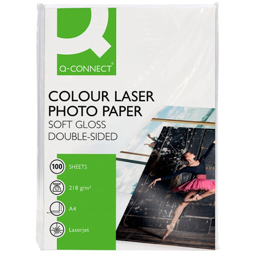 Papel láser q-connect colour laser photo paper soft gloss double-sided, din a4, 218 grs/m². caja de 100 hojas