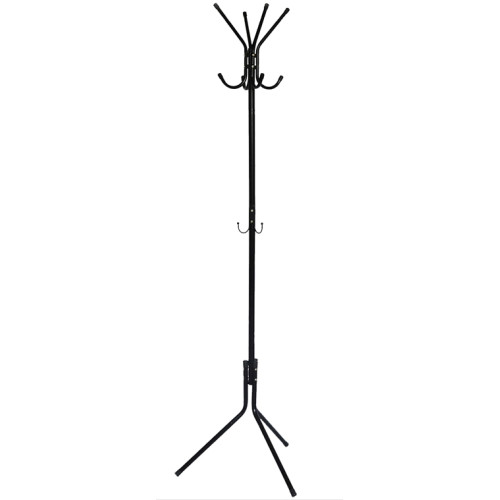 Perchero de pie metálico q-connect, 8 colgadores y ganchos portabolsos, 51x173 cm. negro
