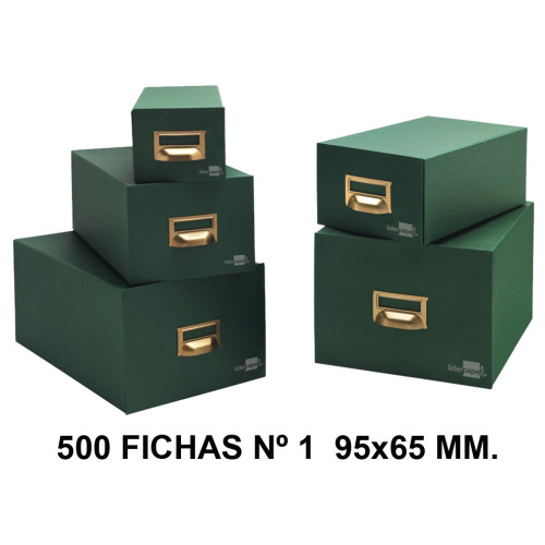Fichero en cartón forrado liderpapel para 500 fichas de cartulina nº 1, 95x65 mm. verde