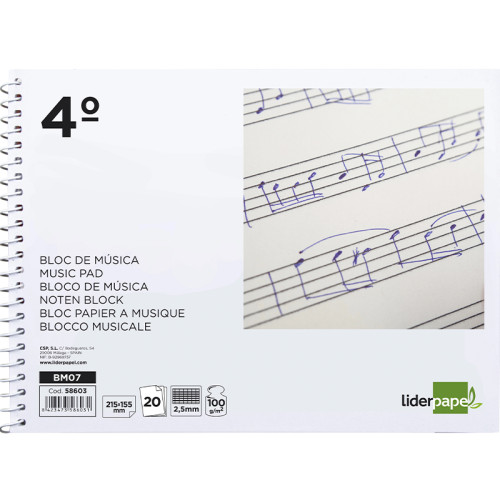 Bloc espiral de música liderpapel, 4º apaisado, 6 pentagramas de 2,5 mm. 100 grs/m². 20 hj.