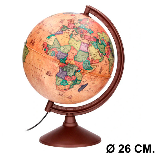 Globo terráqueo con luz, mapa físico y político estilo antiguo liderpapel, Ø 26 cm. con base y meridiano