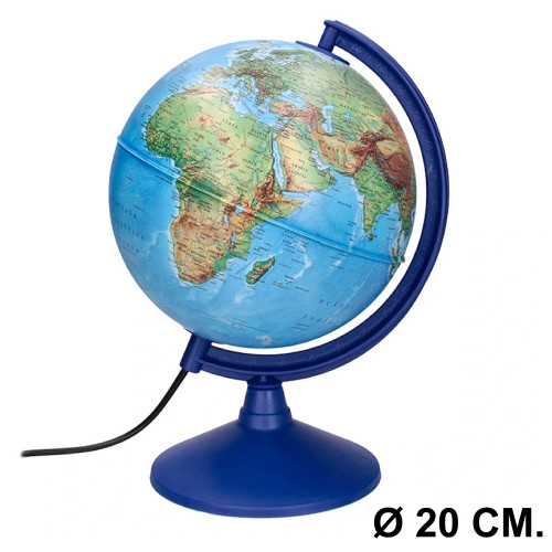 Globo terráqueo con luz, mapa físico y político liderpapel, Ø 20 cm. con base y meridiano, azul