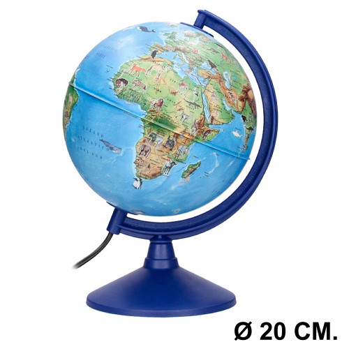 Globo terráqueo con luz, mapa físico y político con animales liderpapel, Ø 20 cm. con base y meridiano