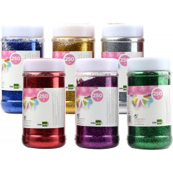 Purpurina fantasía liderpapel, caja con 6 botes de 250 grs. colores surtidos pastel