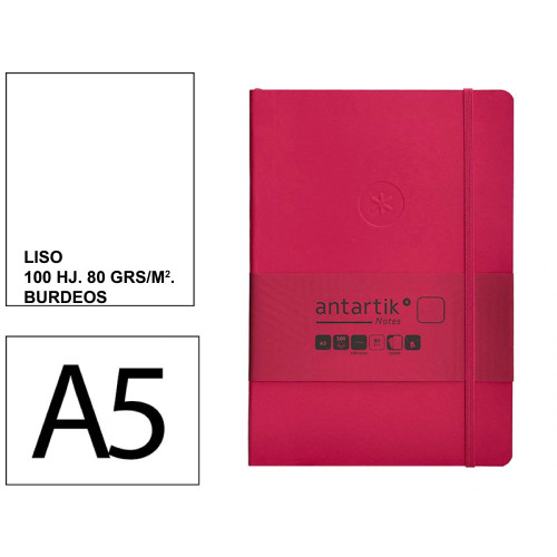 Cuaderno encolado tapa blanda símil piel antartik notes, din a5, 100 hj. 80 grs/m². liso s/m. burdeos