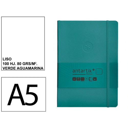 Cuaderno encolado tapa blanda símil piel antartik notes, din a5, 100 hj. 80 grs/m². liso s/m. verde aguamarina