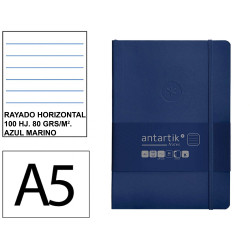Cuaderno encolado tapa blanda símil piel antartik notes, din a5, 100 hj. 80 grs/m². rayado horizontal s/m. azul marino