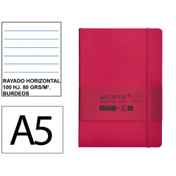 Cuaderno encolado tapa blanda símil piel antartik notes, din a5, 100 hj. 80 grs/m². rayado horizontal s/m. burdeos