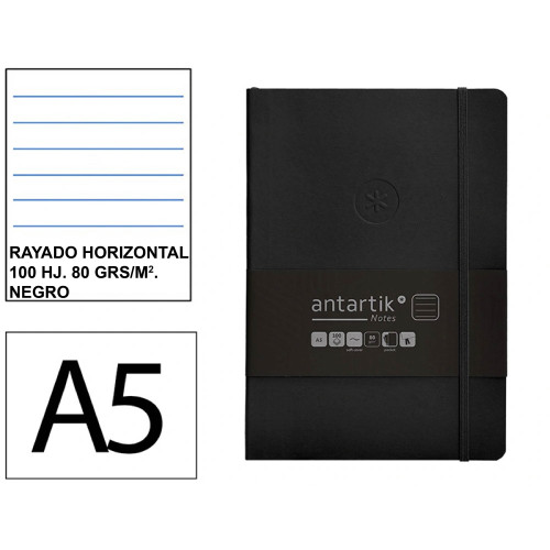 Cuaderno encolado tapa blanda símil piel antartik notes, din a5, 100 hj. 80 grs/m². rayado horizontal s/m. negro